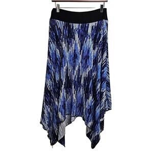 Double Click Womens Geometric Print Hankerchief Hem Midi Skirt Blues Size L